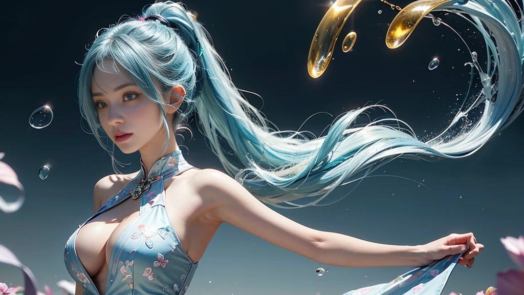 (masterpiece), (Highest quality), (Very detailed), (Disheveled Hair), (shape), (One Girl), (Fashionable clothes), Are standing, Fashion Model, Beholder, (interview), (Simple Background), Beautiful and beautiful eyes, Delicate and beautiful face, floating, (High chroma), (Colorful Splash), Colorful bubbles, (Shine), Focus on the face, ponytail, Light blue hair, bangs, Hair Ring, floating Flowers, floating Hairs, (The Shining), Best lighting, Best Shadow, Big, firm, swaying breasts