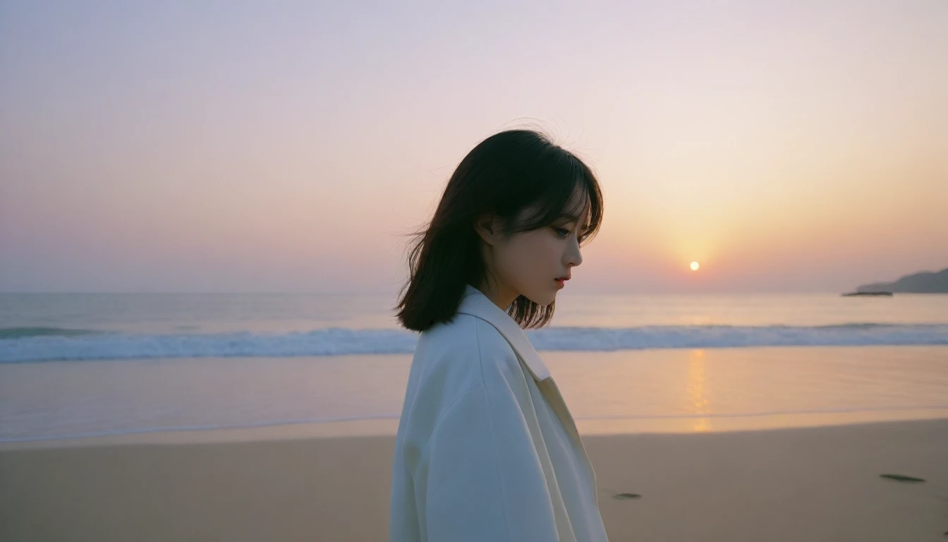 8K, Vivid picture quality, The picture quality is vivid, Realistic and perfect picture quality, long deserted beach, sunset 뷰어, short hair that touches the shoulders and covers the neck, sunset의 붉은 빛, sunset, alone, afternoon, depressed, tide가 밀려온다, ocean, tide, wind, short korean girl, Mokpola, trench, 잔잔한 tide