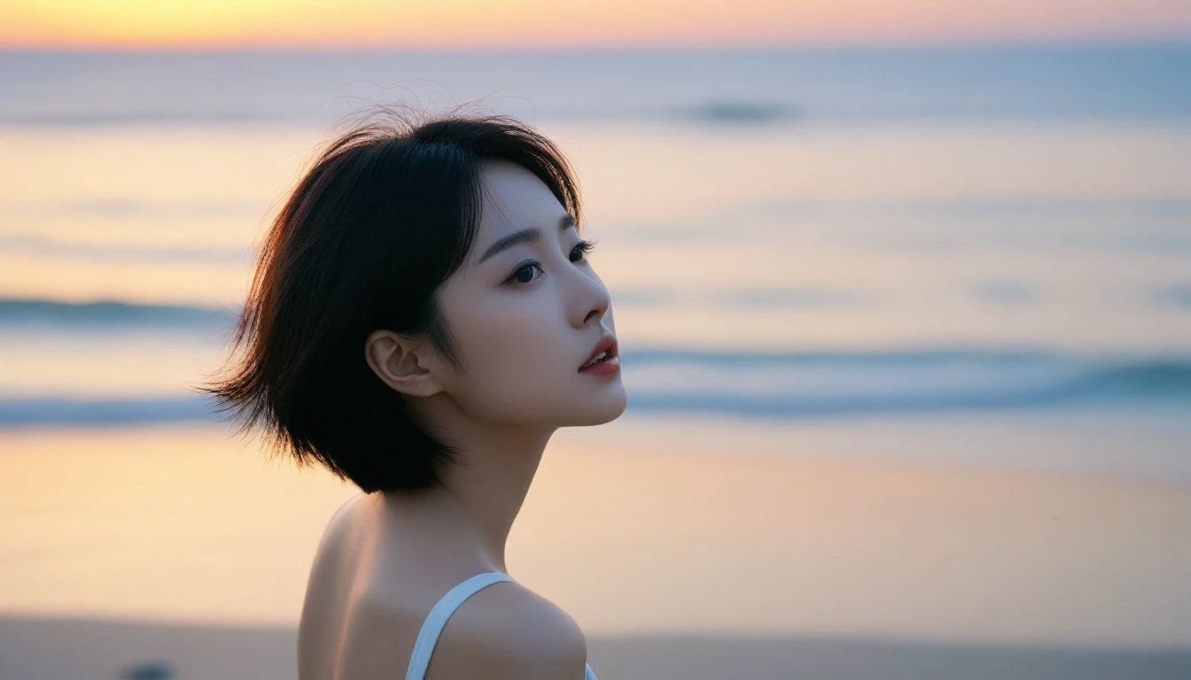 8K, Vivid picture quality, The picture quality is vivid, Realistic and perfect picture quality, long deserted beach, sunset 뷰어, short hair that touches the shoulders and covers the neck, sunset의 붉은 빛, sunset, alone, afternoon, depressed, tide가 밀려온다, ocean, tide, wind, short korean girl, Mokpola, trench, 잔잔한 tide