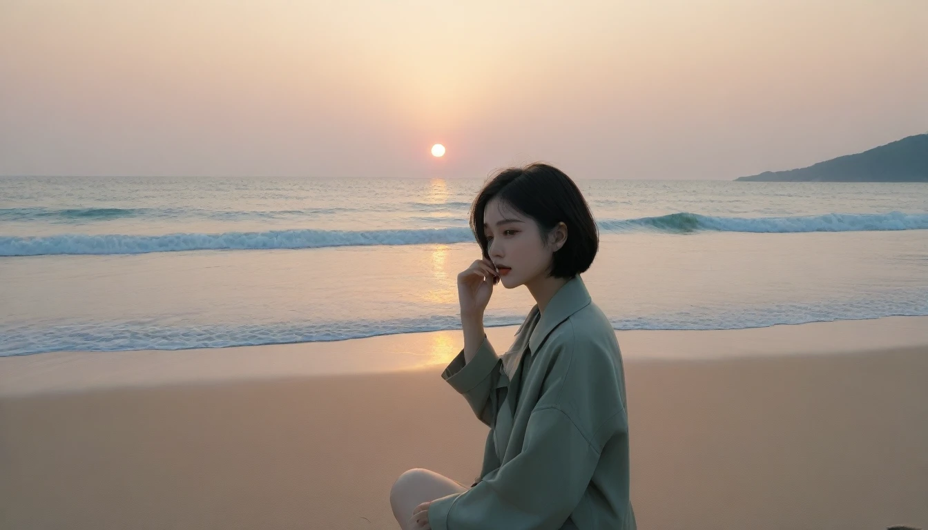 8K, Vivid picture quality, The picture quality is vivid, Realistic and perfect picture quality, long deserted beach, sunset 뷰어, short hair that touches the shoulders and covers the neck, sunset의 붉은 빛, sunset, alone, afternoon, depressed, tide가 밀려온다, ocean, tide, wind, short korean girl, Mokpola, trench, 잔잔한 tide