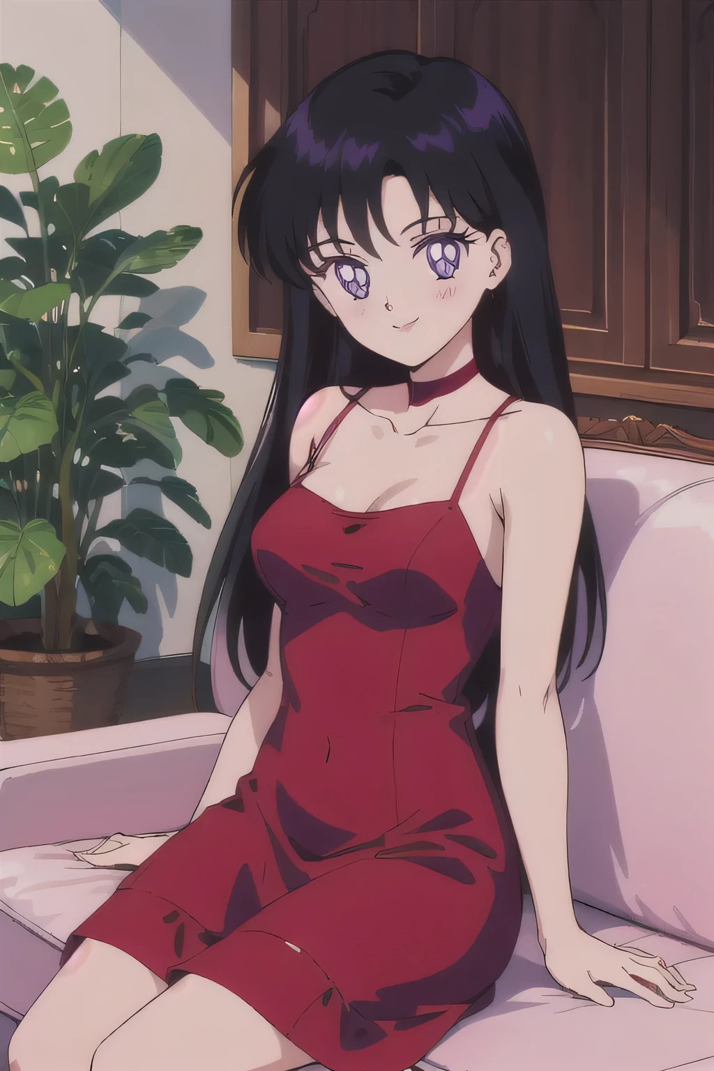 1990s \(style\), Best quality, masterpiece, Teenager, Rei Hino, Long black hair, purple eyes, Smile, Bare Neck, Bare Arms, Bare Shoulders, red dress, taut dress, spaghetti strap red dress, sleeveless, medium breast, sitting on a pink couch, blush, looking at viewer, indoor, in the center
