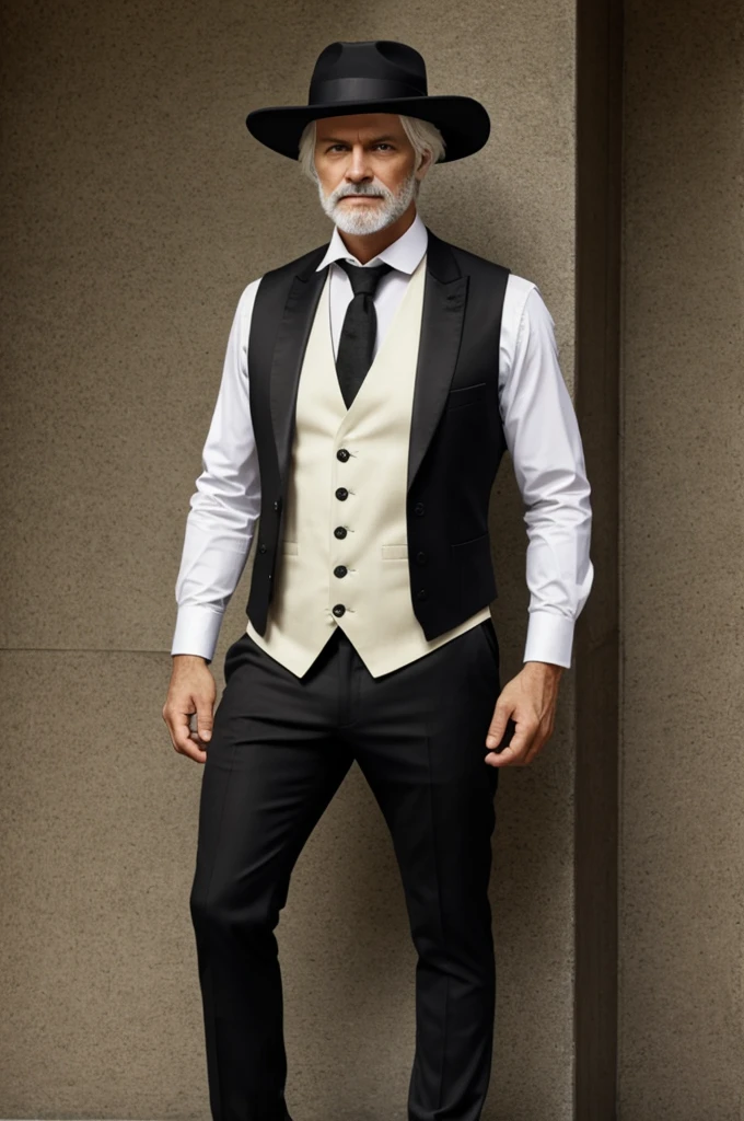 A guy full body, tall 1m81, White hair, left green eye right white eye, weaing a hat and a black vest