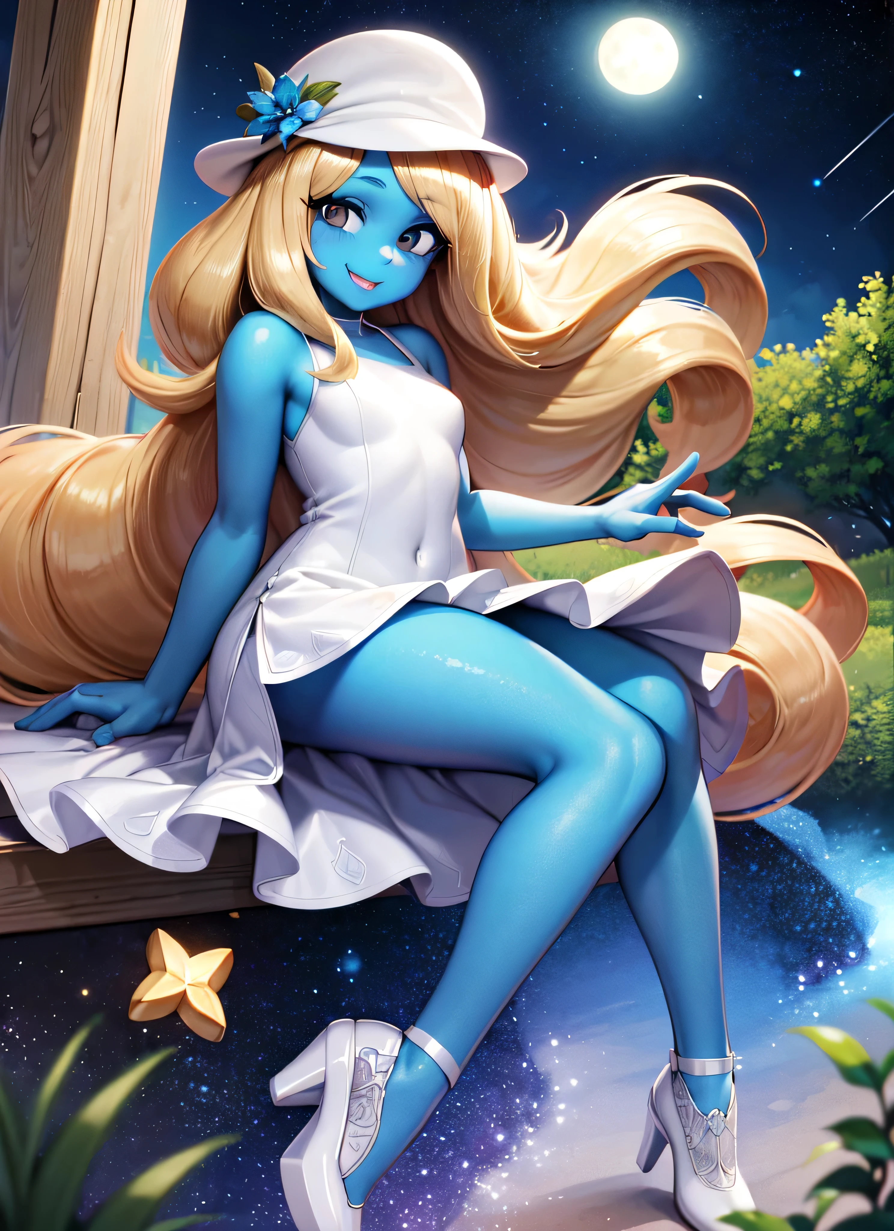 ((best quality)), ((highly detailed)), absurdres, detailed face, beautiful face, (detailed eyes, deep eyes), (1girl), full body, smurfetteOC, blonde hair, very long hair, black eyes, colored skin, blue skin, medium breasts, smiling, hat, white dress, (long dress), high heels, white footwear, (outdoors, at a garden, night, night sky, stars, multiple moons, shooting star, telescope)