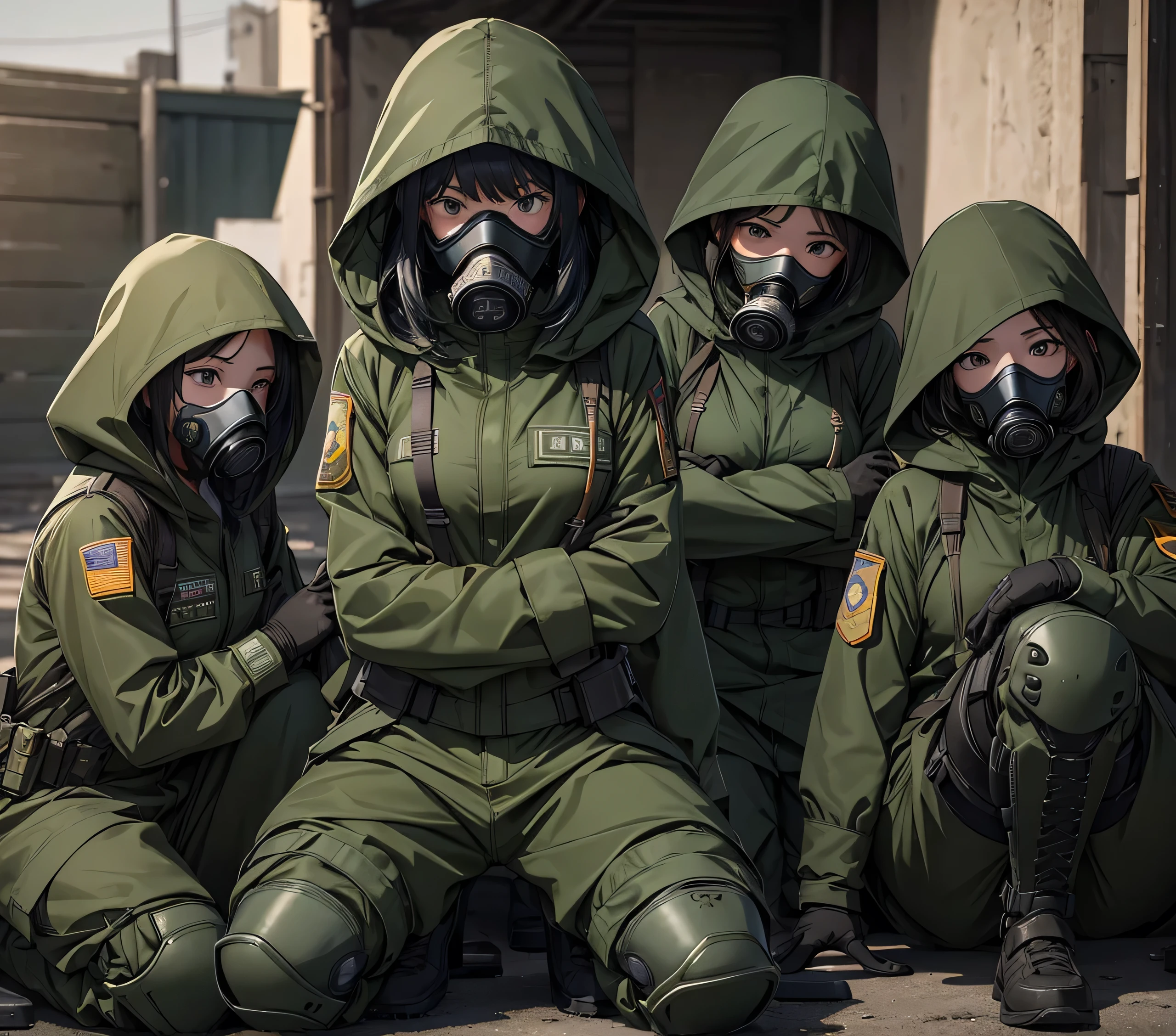 A group of female soldiers resting in the military camp、Wearing dark green M-51 hooded military uniform、Hooded on head、Gas Mask、Gloves、Military Pants、Knee pads,Write details、masterpiece、best quality、Highly detailed CG、8K picture quality