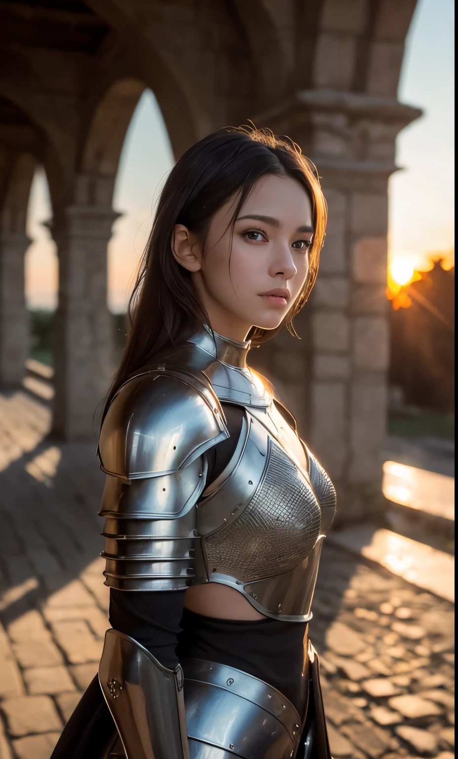 (masterpiece), (Very complicated:1.3), (Realistic), Portrait of a Girl, The most beautiful in the world, (Medieval Armor), Metal Reflection, Upper Body, Outdoor, Strong sunlight, Distant Castle, Detailed professional photos of beautiful women, Sharp focus, dramatic, Awards, Cinema Lighting, Octane Rendering Unreal Engine, Volumetrics dtx, (Film Grain, Blurred Background, Blurred foreground, Bokeh, Depth of written boundary, sunset, Motion Blur:1.3), Chain Mail