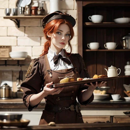 A photorealistic picture of a beautiful red-haired, European steampunk chef, wearing chef's hat and brown steampunk clothes, holding a tray of food and standing in a steampunk kitchen, slim, slender, beautiful