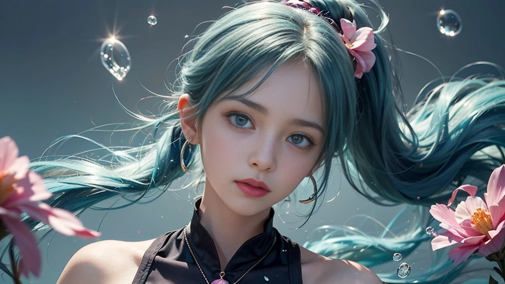 (masterpiece), (Highest quality), (Very detailed), (Disheveled Hair), (shape), (One Girl), (Fashionable clothes), Are standing, Fashion Model, Beholder, (interview), (Simple Background), Beautiful and beautiful eyes, Delicate and beautiful face, floating, (High chroma), (Colorful Splash), Colorful bubbles, (Shine), Focus on the face, ponytail, Light blue hair, bangs, Hair Ring, floating Flowers, floating Hairs, (The Shining), Best lighting, Best Shadow, Big, firm, swaying breasts
