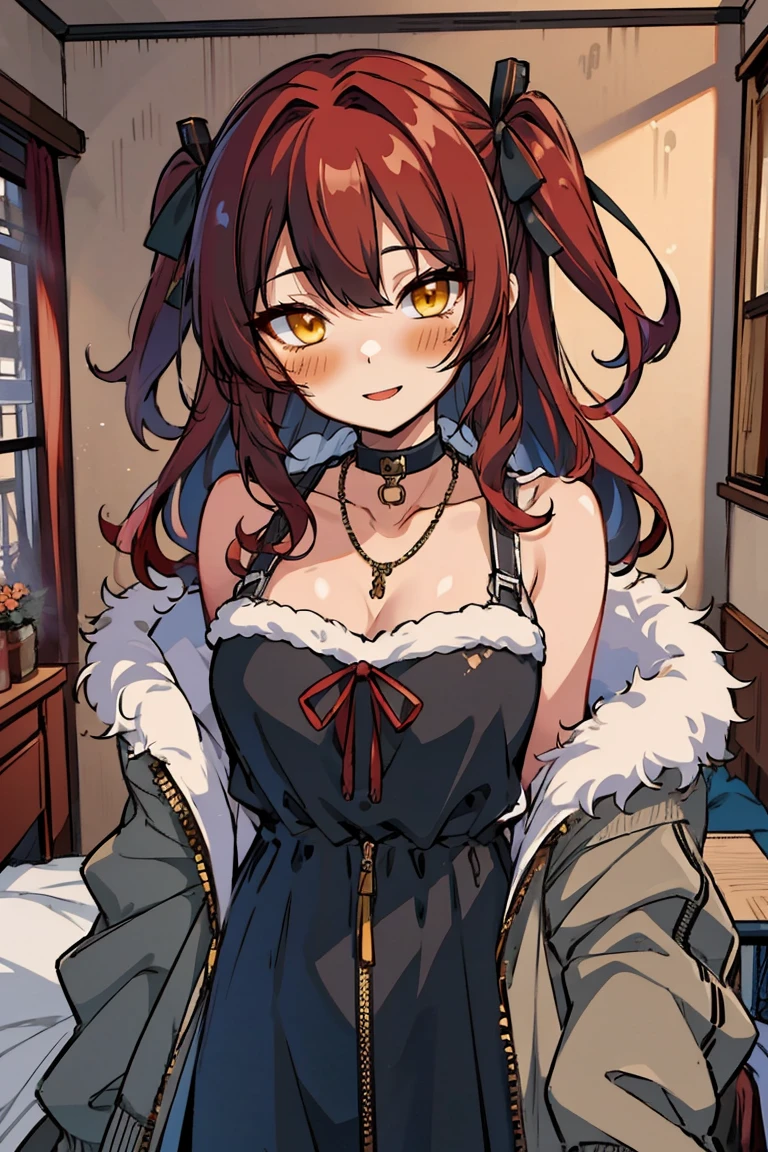 (masterpiece:1.2), (high quality:1.2), hui xiyi, rekkyo sensen, rekkyou sensen, solo focus, girls with((black hair, bare shoulders, (long wavy hair, one side up, red hair ribbon:1.4), hand up, waving, palm, breasts,choker, cleavage,coat,collar,collarbone,cowboy shot, dress, frills, fur, fur collar, fur trim, hood down, hooded jacket, hoodie, jacket, large breasts, long hair, long sleeves, belt, suspenders, medium breasts, medium hair, necklace, open clothes, open hoodie, sleeveless, solo, winter clothes, zipper, upper body)), background with ((bedroom, room:2.0))