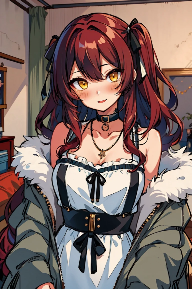 (masterpiece:1.2), (high quality:1.2), hui xiyi, rekkyo sensen, rekkyou sensen, solo focus, girls with((black hair, bare shoulders, (long wavy hair, one side up, red hair ribbon:1.4), hand up, waving, palm, breasts,choker, cleavage,coat,collar,collarbone,cowboy shot, dress, frills, fur, fur collar, fur trim, hood down, hooded jacket, hoodie, jacket, large breasts, long hair, long sleeves, belt, suspenders, medium breasts, medium hair, necklace, open clothes, open hoodie, sleeveless, solo, winter clothes, zipper, upper body)), background with ((bedroom, room:2.0))