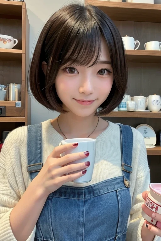 Produce the highest quality and highest resolution 8K images。Please draw the upper body of a 20 year old Japanese woman.。Please draw an image of someone reading a book while drinking tea in a stylish coffee shop.。She has brown eyes and a model-like figure、She has an idol-level cute face.。Her hair is bob。she、I'm smiling at the camera。