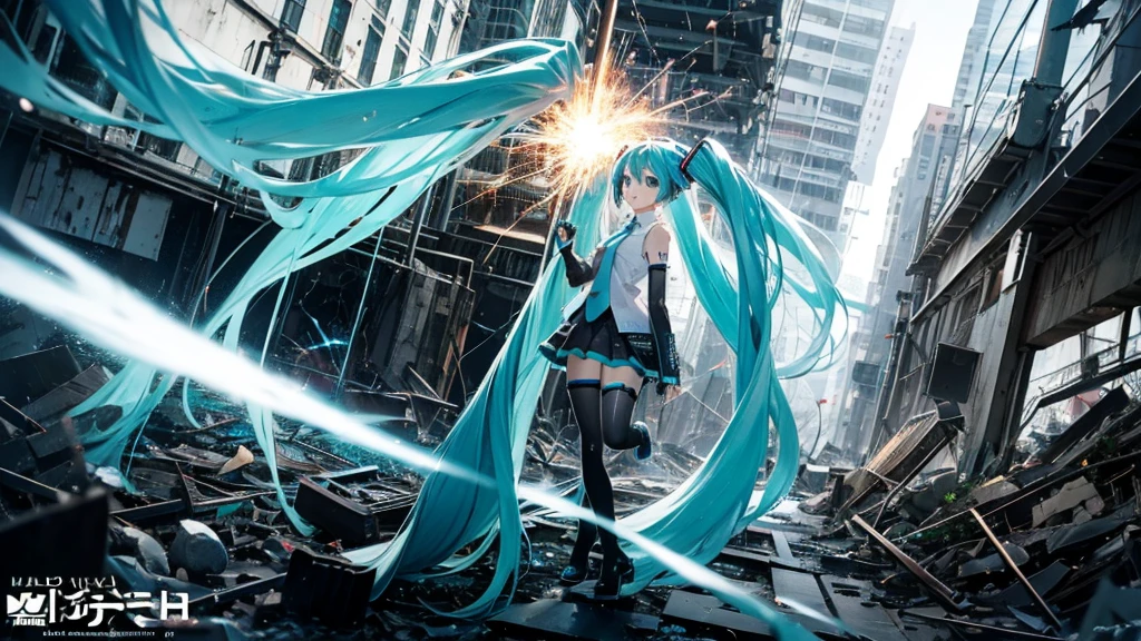 Hatsune Miku Stands Up、With falling sparks on the background of a ruined city、Heavy metal style cover image。