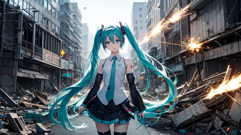Hatsune Miku Stands Up、With falling sparks on the background of a ruined city、Heavy metal style cover image。