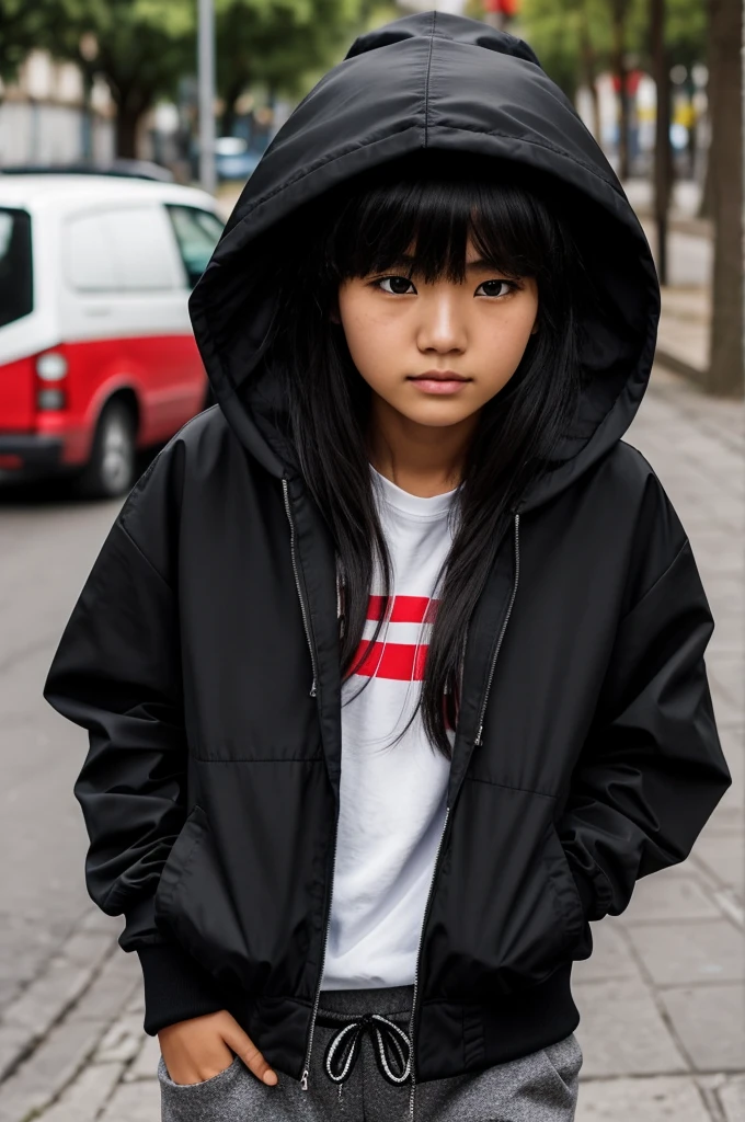 a short 17 year old girl, with oversized pants and a black sports jacket with long hair and bangs almost covering her eyebrows and with eyeliner, his skin is white, She has a small face and her mouth is small and red, she is attractive., Argentina and has his hood up and hands in his pockets, She is not Asian and her jacket is closed and her eyes are black and a little small

