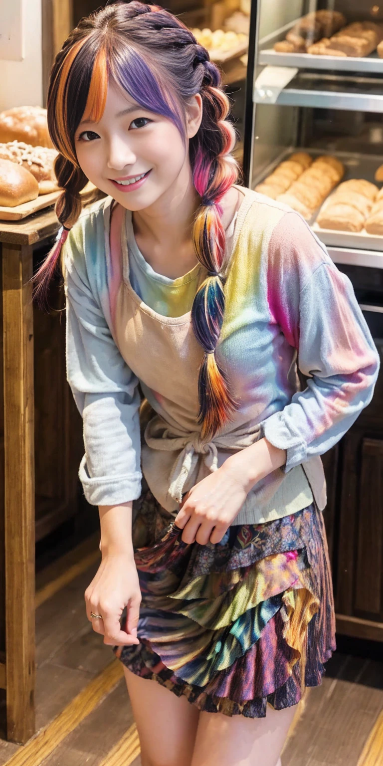 Fluid organization:1.6), 本当に野生の髪を持つ一人のbeautiful女の子, (Colorful wavy hair:1.2),( Two long braids:1.2), (Long wild hair:1.2), (Multicolored Hair: 1.9),可愛いsmile
パン屋販売スタッフ、(((Low - Angle:1.4)))、((One hand raised))、((She is wearing a colorful and pop blouse and apron.)),(;have big bread))、(((Spread your legs:1.4)))、,(((beautiful armpits:1.2)))、High resolution、Bakery、、smile、Finished as in the picture、white and beautiful skin、Focus on small breasts、((beautiful５This finger))、Bakeryの制服を着ています、最high quality、High resolution、Very detailed、masterpiece、Live Shooting:2、Genuine:2、photoGenuineistic:2、very delicate and beautiful、Fine details、Textured skin、Full Shot、、(beautiful face:2)、hot pants、Putting on makeup、Perfectly balanced legs:1.5), Looking at the camera, Angle from above, (((hot pants))), High resolution、未来のBakery、Delicious bread that women will love、Looking at the camera、smile、Finished as in the picture、、(((I have a big loaf of bread)))、(((cute smile)))、((((Eat delicious bread)))))、((I love bread))、(front focus piece:1.3), 
、Cute Apron、Rainbow Apron、Bakeryの制服を着ています、明るすぎるNatural light、Shining sunlight、最high qualityのディテール, Japanese Girls,1 girl, 8k, RAW Photos, 最high quality, Ticker:1.2, Very detailedなRAWカラー写真, Professional photos, (reality, photoGenuineisticです:1.37), (Very detailedな皮膚:1.2), 超High resolutionな, (Lenz 50mm),,絶妙にFine grain,Look at the person watching,Pretty face, Just Mile:1.05),Wide Hips,Straight hair,,Light pink inner color、 white and fine skin、(Very detailedな8k cg:1.2), (hyper Genuineistic:1.35), (photoGenuineisticです:1.45), (reality:1.4), 

(背景はBakery:1.1)、Sexy upward glance, 、Very detailed、masterpiece、最high quality、Ultra-high resolution energy A、8kのHigh resolutionにより、Transparency as shown in the photo、Fine grain、Expression of gradation、Perfect anatomical figure ,hard disk、Ticker (English) 、 Nikon Z9 80mm Lens ,、明るすぎるNatural light、Shining sunlight、、Ultra slim body、Slender model figure、beautiful姿勢、, 最high quality, 8k, RAW Photos, Confused, Award-winning portraits, shy smile, shy smile, , Delicate girl,, Digital SLR, View your viewers, Frank, Sophisticated, Thin arms, Professional Lighting, Film Grain, chromatic aberration, (Fine grainと顔:1.0), Live Shooting、(((A portrait of extreme beauty)))、((Glowing Skin))、1 girl、16 year old beautiful girl from Prague、Bright expression、((Platinum Blonde Hair))、[Big blue eyes that sparkle like jewels]、Shiny skin、silky super long Straight hair、eyeliner、beautiful前髪、Hair around the eyes、最high quality、Very detailed、Film Light、Intricate details、High resolution、Very detailed))、Detailed Background、8 KUHD、Digital SLR、Soft Light、high quality、Film Grain、Fujifilm XT3 、Shallow depth of field、Natural light、(((Spread your legs:1.4)))、The pieces fly、High resolution、Bakery、16-year-old girlas in the picture、white and beautiful skin、Focus on small breasts、最high quality、High resolution、Very detailed、masterpiece、Live Shooting:2、、neon hair clip,masterpiece、最high quality、
One girl,Ives Girl,beautiful照明,(((Anyone can see the D logo.:9)))