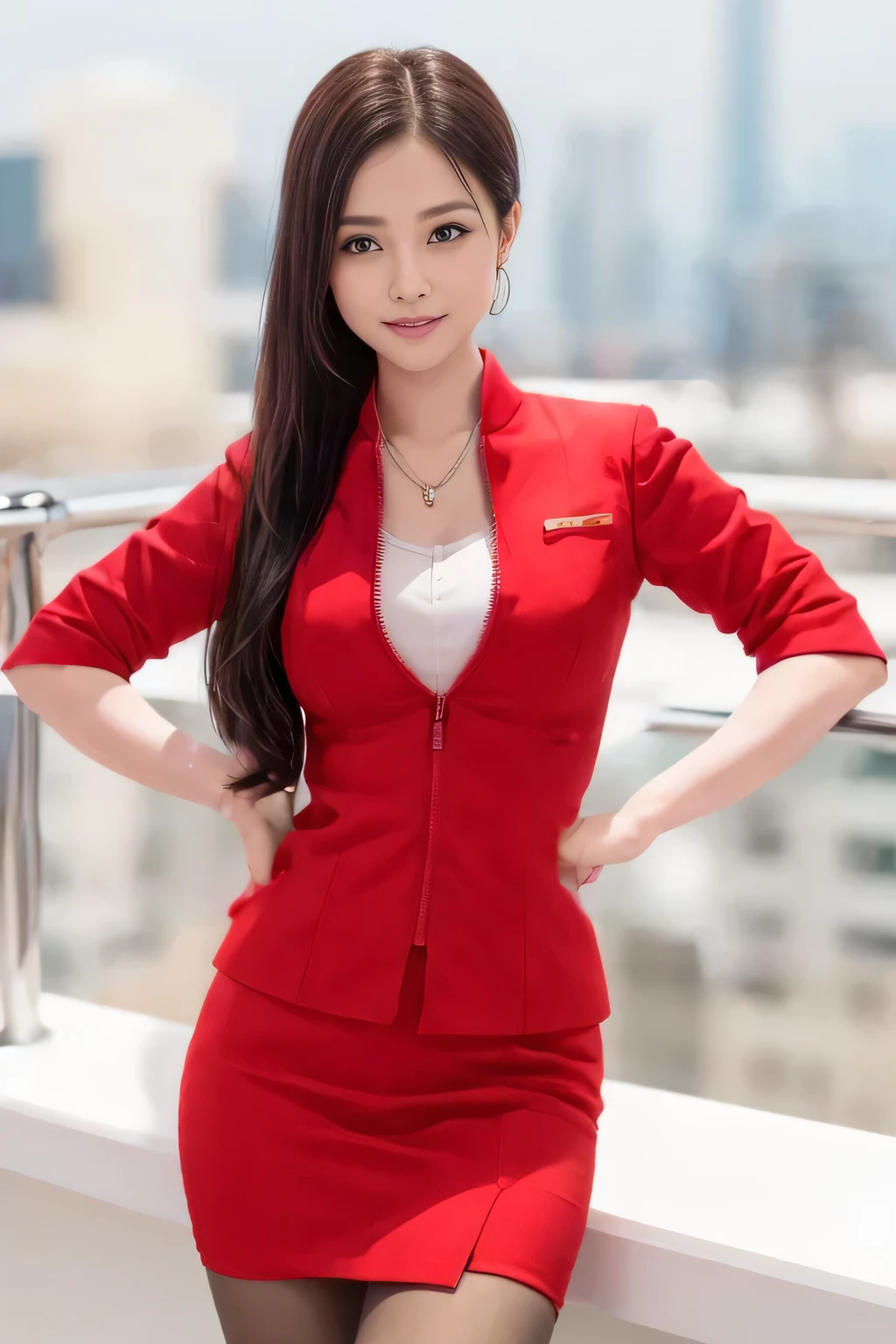 (masterpiece:1.2, Highest quality:1.2), 32k HDR, High resolution, (alone, 1 Girl), (AirAsia stewardess uniform realistic style), A proper woman, Beautiful Face, Brown Hair, (Long hair down to the legs), (Red jacket:1.1, Unzipped jacket, Unbuttoned white shirt:1.05, Red mini skirt:1.1, pantyhose),(Showing big through cleavage in unbuttoned white shirt)、(long hair that reaches down to the legs)、Perfect slim body:1.1, Huge breasts, huge breasts cleavage, Detailed skin texture, Beautiful Eyes, (Attractive look:1.2), necklace、Earrings、(forward leaning posture:1.5), On the roof of a building, Rooftop at daytime,blue eyes、Hands should be lowered
