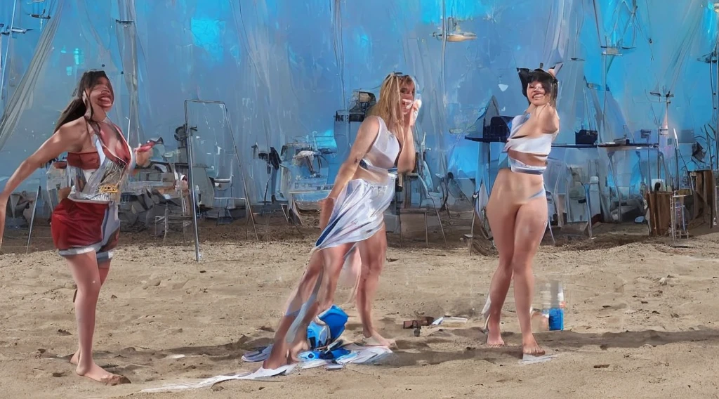 realistic photo of two women in their 30s, beautiful face, nice appearance, long and very wavy blonde hair, parts, naked, standing on the beach, with sand stuck to the skin, smiling relaxed expression, overflowing with emotion, interplay of contrasts along with detailed lights and shadows, depth of field, clear atmosphere, wind in the face