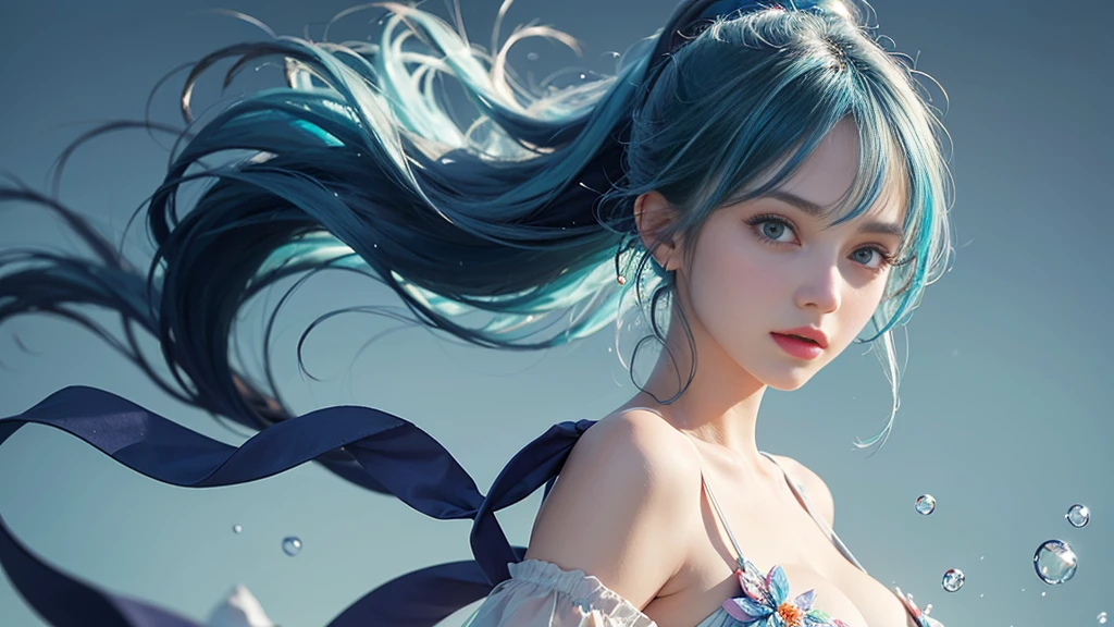 (masterpiece), (Highest quality), (Very detailed), (Disheveled Hair), (shape), (One Girl), (Fashionable clothes), Are standing, Fashion Model, Beholder, (interview), (Simple Background), Beautiful and beautiful eyes, Delicate and beautiful face, floating, (High chroma), (Colorful Splash), Colorful bubbles, (Shine), Focus on the face, ponytail, Light blue hair, bangs, Hair Ring, floating Flowers, floating Hairs, (The Shining), Best lighting, Best Shadow, Big, firm, swaying breasts