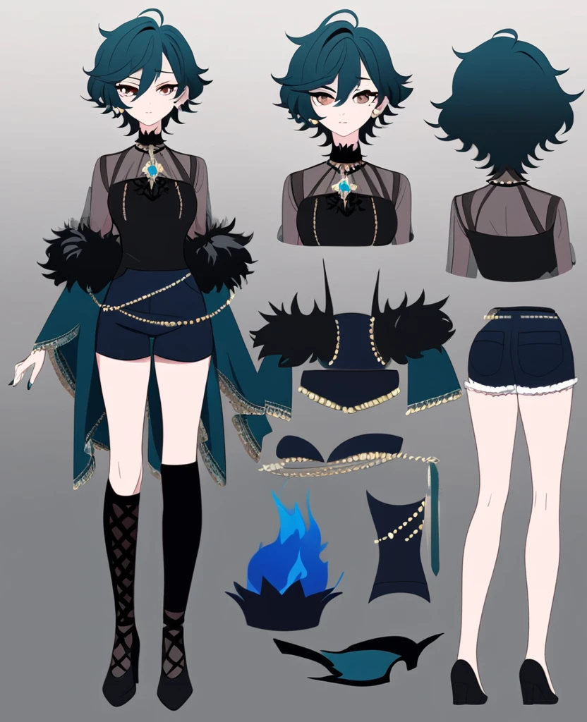 Make me an Ensemble Stars oc. Ensemble Stars art style. Give her short, messy, spikey dark teal hair, brown eyes. Dark yet formal outfit. Elegant, regal. Shorts. Female Social anxiety. Anxious. Reference sheet. Blue fire details.