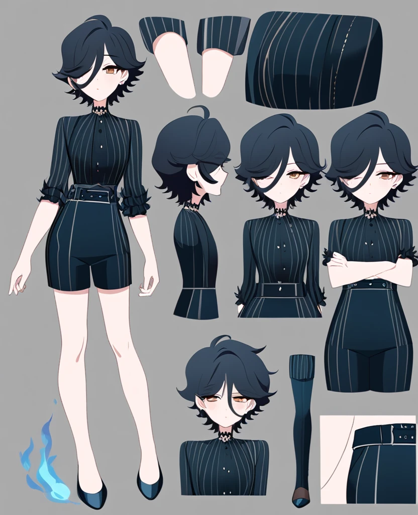 Make me an Ensemble Stars oc. Ensemble Stars art style. Give her short, messy, spikey dark teal hair, brown eyes. Dark yet formal outfit. Elegant, regal. Shorts. Female Social anxiety. Anxious. Reference sheet. Blue fire details.