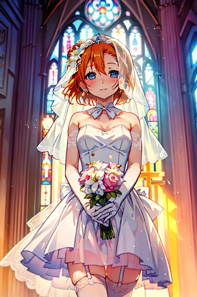 Highest quality, masterpiece, High resolution, alone, {Honoka Takasaka　lovelive:1.15}, blue eyes, Orange Hair,Side Tail,Short Hair ,blush,happy smile, smile, Open your mouth,Wedding dress,Veil,bouquet,　　　　　　　　　　　　 
 break looking at viewer, whole body,(Cowboy Shot:1. 5) 　　　　　　　　　　　　　　　　　　　break indoors, Chapel,church, 　　　　　　　　　　　break (masterpiece:1.2), Highest quality, High resolution, unity 8k wallpaper, (shape:0.8), (Beautiful attention to detail:1.6), Highly detailed face, Perfect lighting, Highly detailed CG, (Perfect hands, Perfect Anatomy),