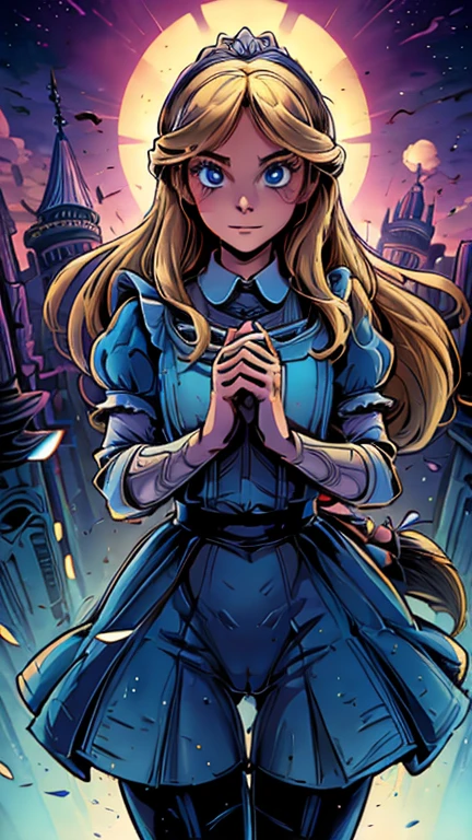 (Teens:1girl: Alice in Wonderland,Star Wars), (extremely detailed CG unit 8k wallpaper),(master part), (best quality), (ultra detali), (best illustration),(melhor ombre), cowboy shot, (Sharp eyeliner, ombre, detailedeyes:1), Disney Castle background, ,break , (star15escola:1.2), hair ornament,long hair ,blonde hair, Cameltoe