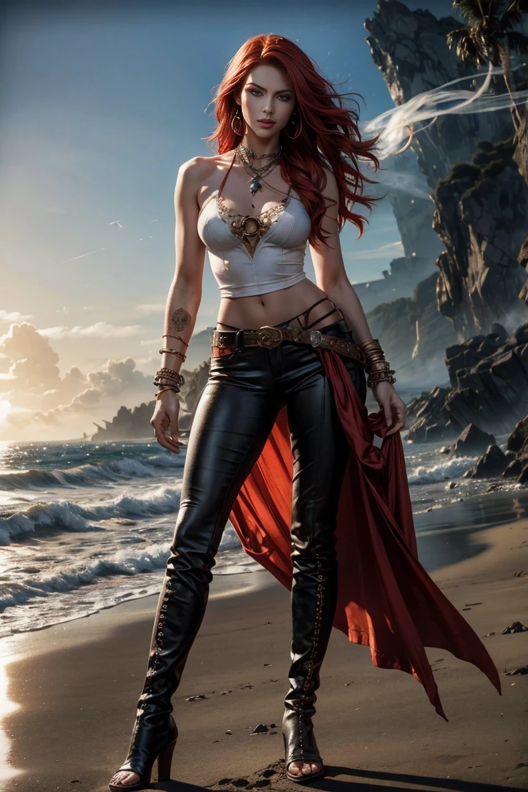 full body A woman with red hair and emerald eyes large breast thin waist, long shapely thighs, muscular athletic body. She has an hourglass shape and poses dramatically. He wears a flowing white pirate shirt that sits low on his shoulders. His pants are leather and tight, with a seam on the side of the leg. He wears tall leather pirate boots. Her jewelry is gypsy style. he stands on the beach in the moonlight, fog, smoke, a dramatic scene
