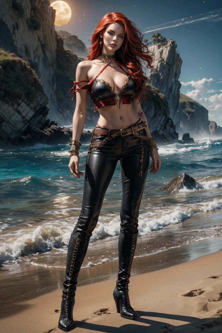 full body A woman with red hair and emerald eyes. She has an hourglass shape and poses dramatically. He wears a flowing white pirate shirt that sits low on his shoulders. His pants are leather and tight, with a seam on the side of the leg. He wears tall leather pirate boots. Her jewelry is gypsy style. he stands on the beach in the moonlight, fog, smoke, a dramatic scene