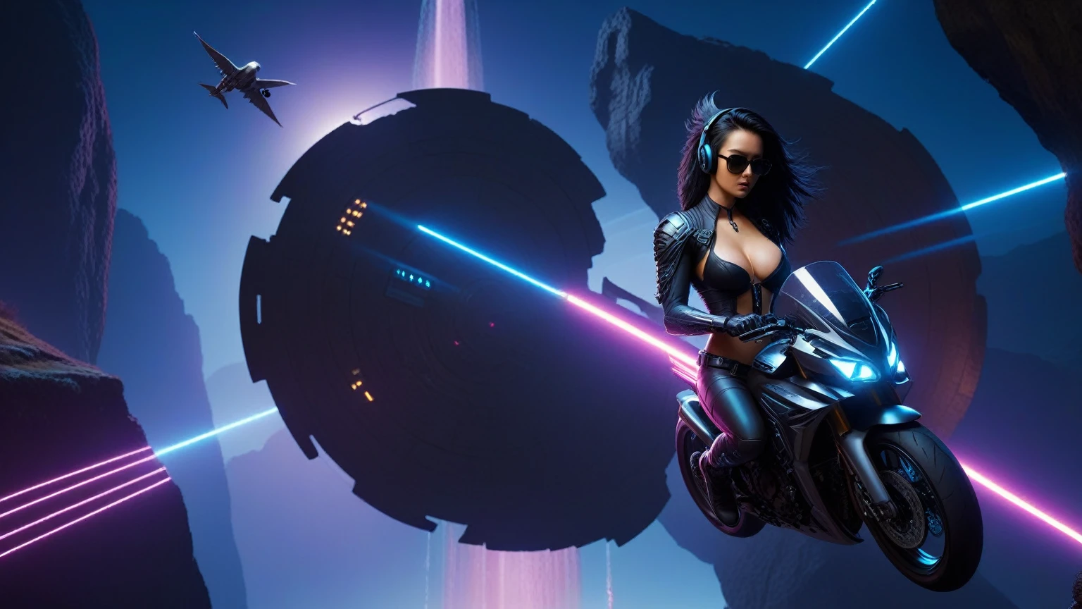 C7b3rp0nkStyle, dark night, prehistoric maze mysterial park, moai statue, waterfall, eagle, cyberpunk, sci-fi, futuristic, tech. (((((1girl, solo, alone, superbiker, close-up superbike shot))))), medium-breast:1.lim body, cleavage, sexy clothes, (headphone, black sunglasses, long black realistic hair), (((superbike riding and holding pistol poses))), half-body thigh level medium shot, cinematic lighting, lens flare, ray tracing.