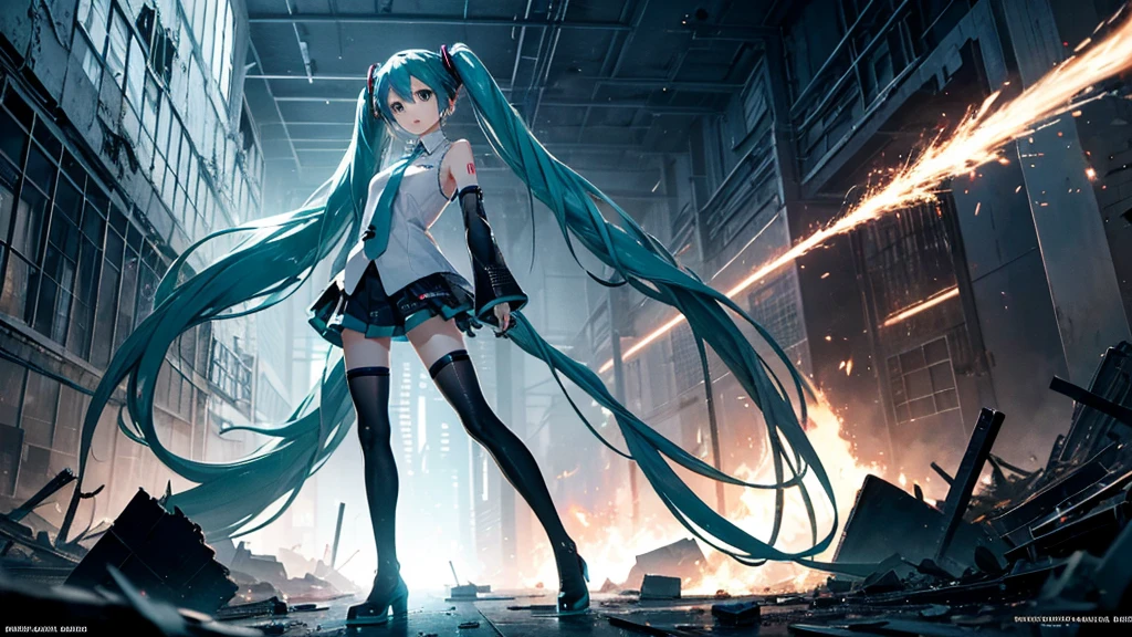 Hatsune Miku Stands Up、With falling sparks on the background of a ruined city、Heavy metal style cover image。