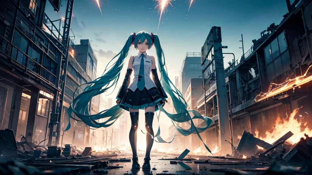 Hatsune Miku Stands Up、With falling sparks on the background of a ruined city、Heavy metal style cover image。