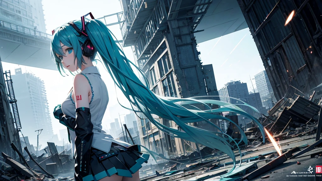 Hatsune Miku Stands Up、With falling sparks on the background of a ruined city、Heavy metal style cover image。