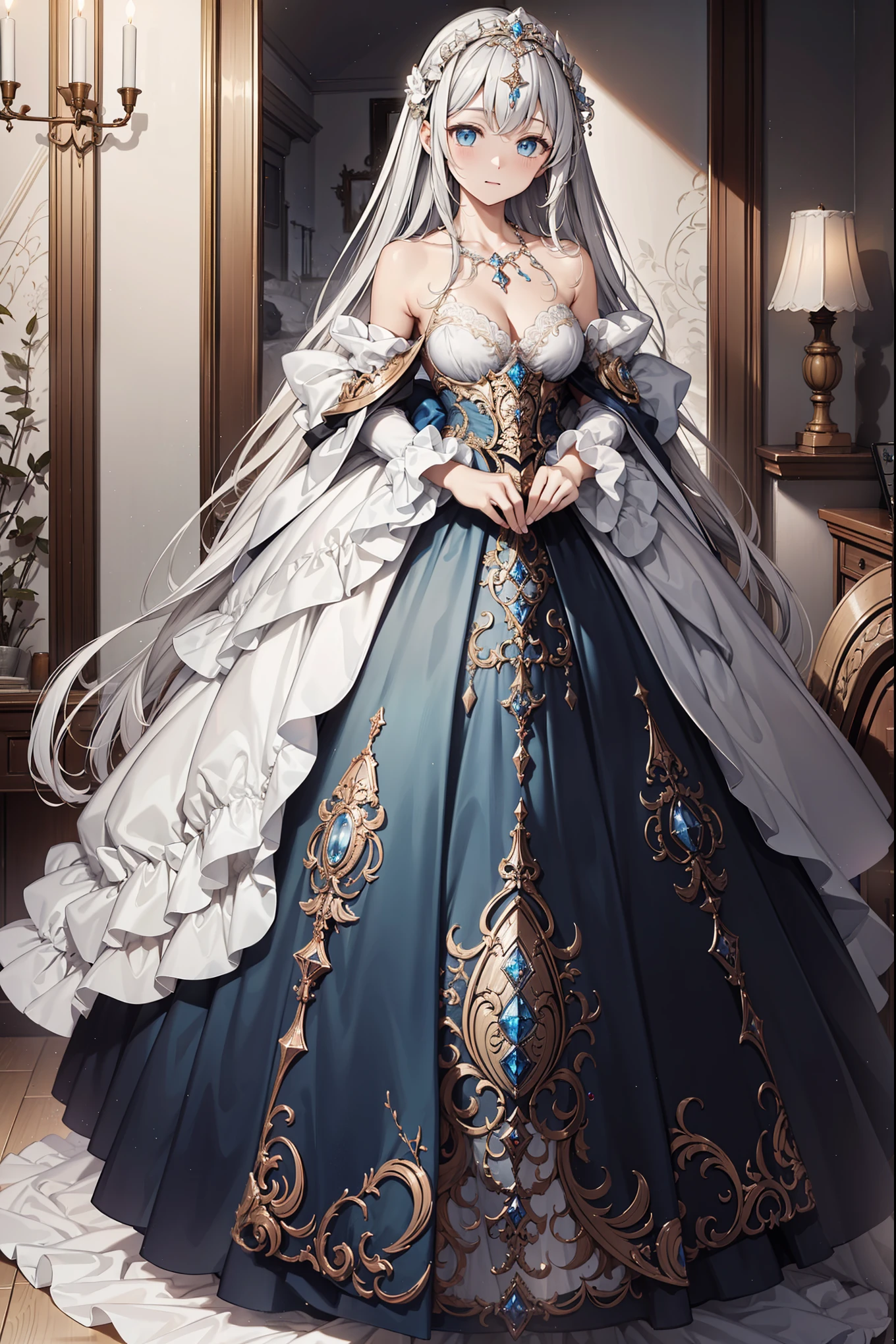 (best quality,4K,8K,high resolution,masterpiece:1.2),Extremely detailed,milf,,magic,enchanting,joy,Divine goddess,magical effect,Silver hair,Blue eyes,Banquet Dress,Exquisite decoration,Features of the magical costumes of the heavens，A small amount of sky blue cloth,Exquisite clothing,Layered Skirt,detailed lace,Delicate ruffles,bedroom,Alone,at night,Lace pantyhose,Sacred stripes,Transparent clothing,Jewelry embellishments