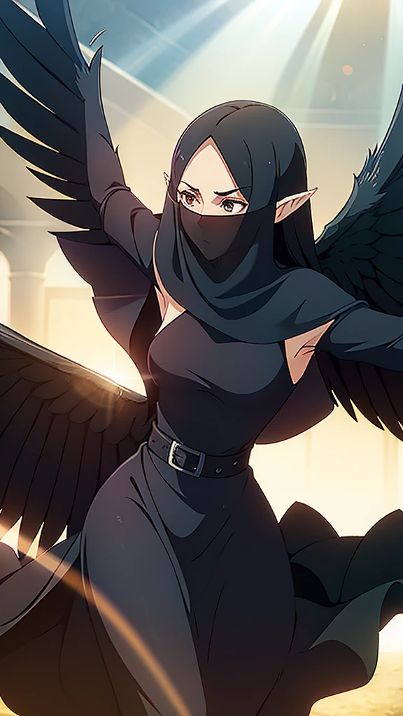 1woman,mature female,40s,sensual,black dress,black hair,pointy ears,harpy,wings,no arms,A veil covering the mouth,((in a arena of battle,sunlight)),dancing