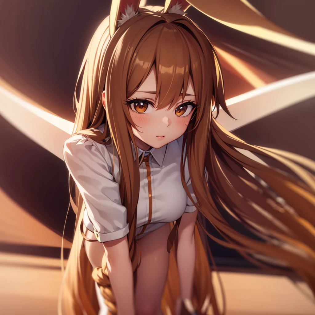 Cute girl, long caramel hair, brown eyes, caramel bunny ears, tiny whiskers, bunny tail 