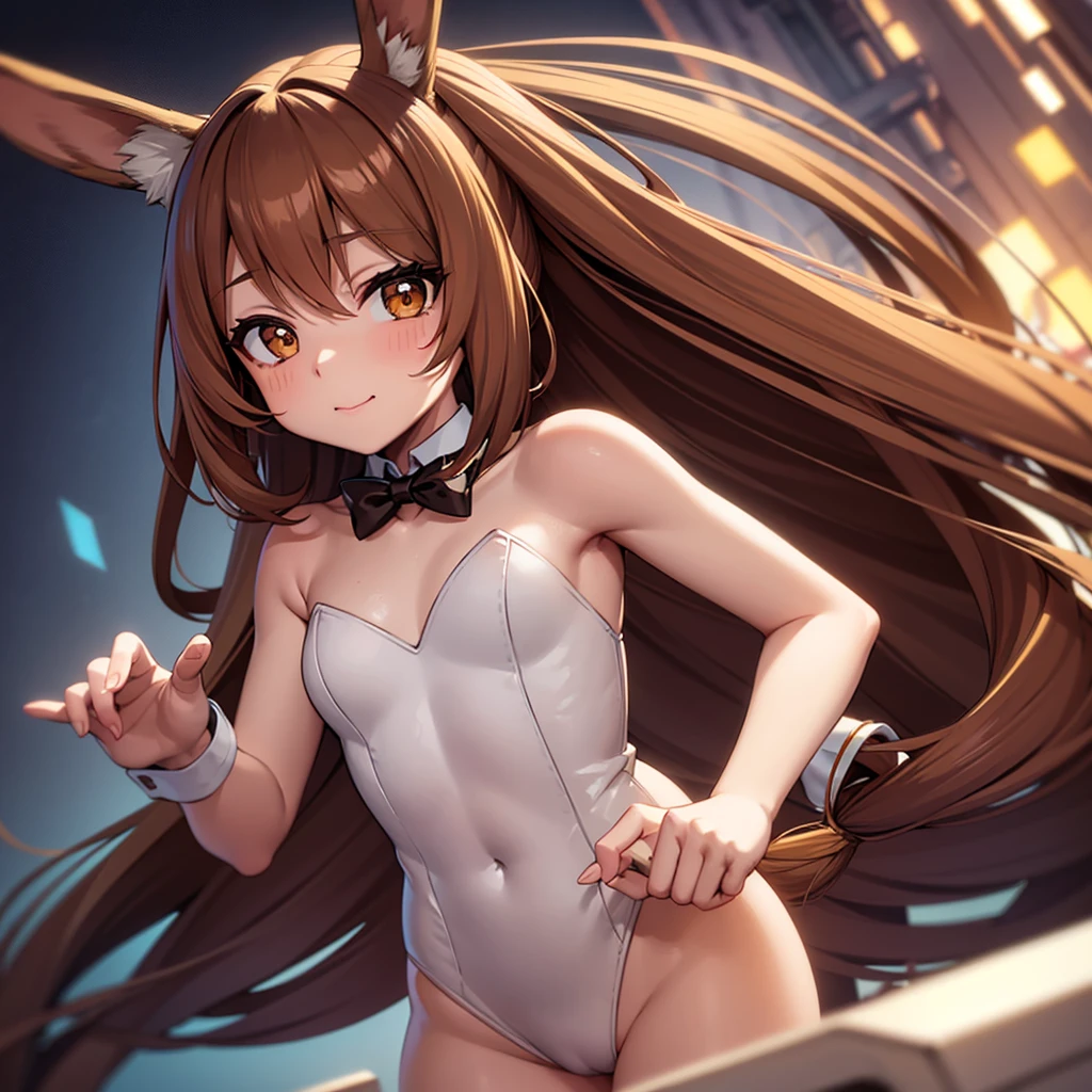 Cute girl, long caramel hair, brown eyes, caramel bunny ears, tiny whiskers, bunny tail