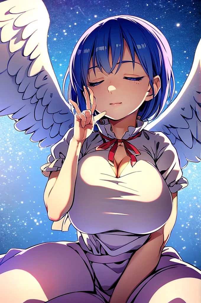 (best quality,4k,8k,highres,masterpiece:1.2), ultra-detailed, highly detailed texture, intricate details, high quality textures, A cute teenage angel with blue eyes, drawn in anime style, 1girl, , , 10 years old, medium blue hair, hair flaps, pink ribbon on head, well-formed face, blue eyes, angel girl, white blouse, puffy short sleeves, red ribbon, angel wings, long white skirt, red shoes, frills, ribbon head, A pair of angel wings on the back, from behind, to lift up one’s skirt, cowboy shot, from front, standing , raise one leg, crossed arms, arms up behind, arms behind back, hand between legs, put hands hip, one hand on hip, forward hands, arms raised in the air, punch hands, peace sign, waving, put up index finger, sit, lie down, closed eyes, lie face down, looking back, put one hand chest, leaning forward, cleavage, close up, horizontally outstretched arms, horizontally outstretched legs, front view, front face, huge breasts for short stature
