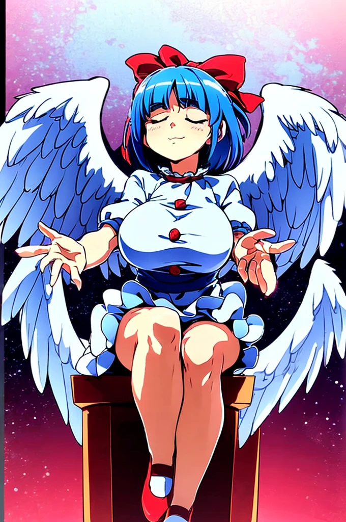 (best quality,4k,8k,highres,masterpiece:1.2), ultra-detailed, highly detailed texture, intricate details, high quality textures, A cute teenage angel with blue eyes, drawn in anime style, 1girl, , , 10 years old, medium blue hair, hair flaps, pink ribbon on head, well-formed face, blue eyes, angel girl, white blouse, puffy short sleeves, red ribbon, angel wings, long white skirt, red shoes, frills, ribbon head, A pair of angel wings on the back, from behind, to lift up one’s skirt, cowboy shot, from front, standing , raise one leg, crossed arms, arms up behind, arms behind back, hand between legs, put hands hip, one hand on hip, forward hands, arms raised in the air, punch hands, peace sign, waving, put up index finger, sit, lie down, closed eyes, lie face down, looking back, put one hand chest, leaning forward, cleavage, close up, horizontally outstretched arms, horizontally outstretched legs, front view, front face, huge breasts for short stature