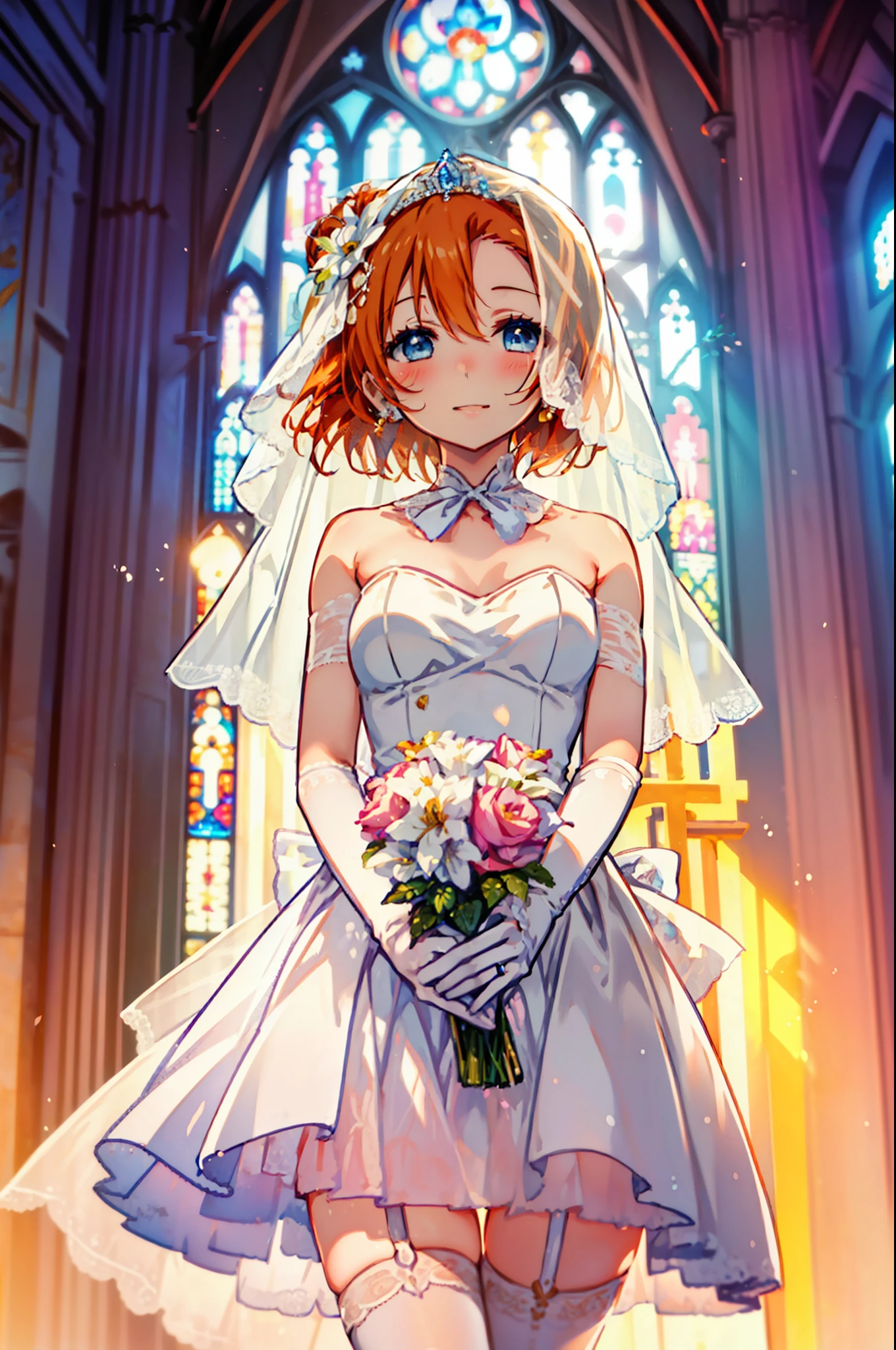 Highest quality, masterpiece, High resolution, alone, {Honoka Takasaka　lovelive:1.15}, blue eyes, Orange Hair,Side Tail,Short Hair ,blush,happy smile, smile, Open your mouth,Wedding dress,Veil,bouquet,　　　　　　　　　　　　 
 break looking at viewer, whole body,(Cowboy Shot:1. 5) 　　　　　　　　　　　　　　　　　　　break indoors, Chapel,church, 　　　　　　　　　　　break (masterpiece:1.2), Highest quality, High resolution, unity 8k wallpaper, (shape:0.8), (Beautiful attention to detail:1.6), Highly detailed face, Perfect lighting, Highly detailed CG, (Perfect hands, Perfect Anatomy),