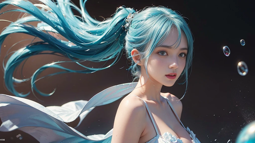 (masterpiece), (Highest quality), (Very detailed), (Disheveled Hair), (shape), (One Girl), (Fashionable clothes), Are standing, Fashion Model, Beholder, (interview), (Simple Background), Beautiful and beautiful eyes, Delicate and beautiful face, floating, (High chroma), (Colorful Splash), Colorful bubbles, (Shine), Focus on the face, ponytail, Light blue hair, bangs, Hair Ring, floating Flowers, floating Hairs, (The Shining), Best lighting, Best Shadow, Big, firm, swaying breasts