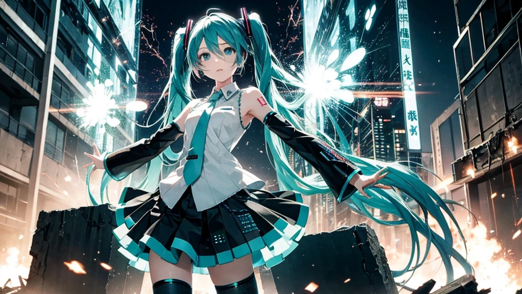 Hatsune Miku Stands Up、With falling sparks on the background of a ruined city、Heavy metal style cover image。