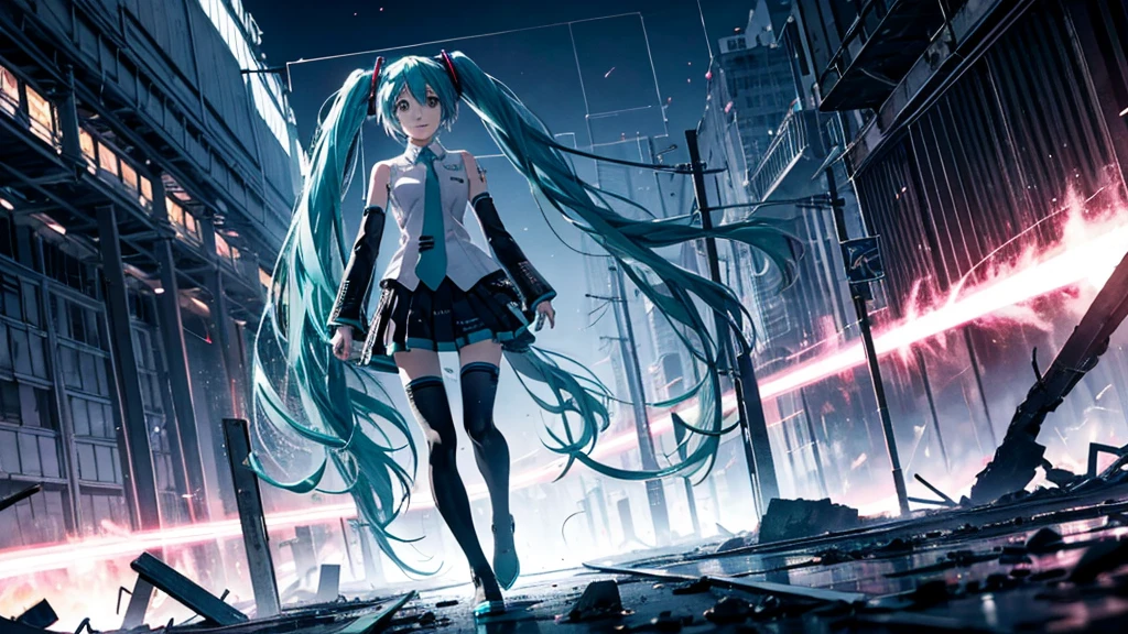 Hatsune Miku Stands Up、With falling sparks on the background of a ruined city、Heavy metal style cover image。