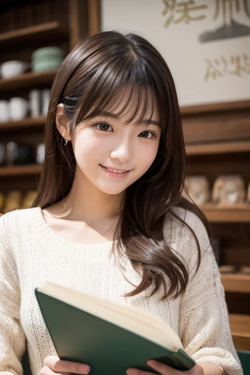 Produce the highest quality and highest resolution 8K images。Please draw the upper body of a 20 year old Japanese woman.。Please draw an image of someone reading a book in a stylish coffee shop.。She has brown eyes and a model-like figure、She has an idol-level cute face.。The hair is wavy。she、I'm smiling at the camera。