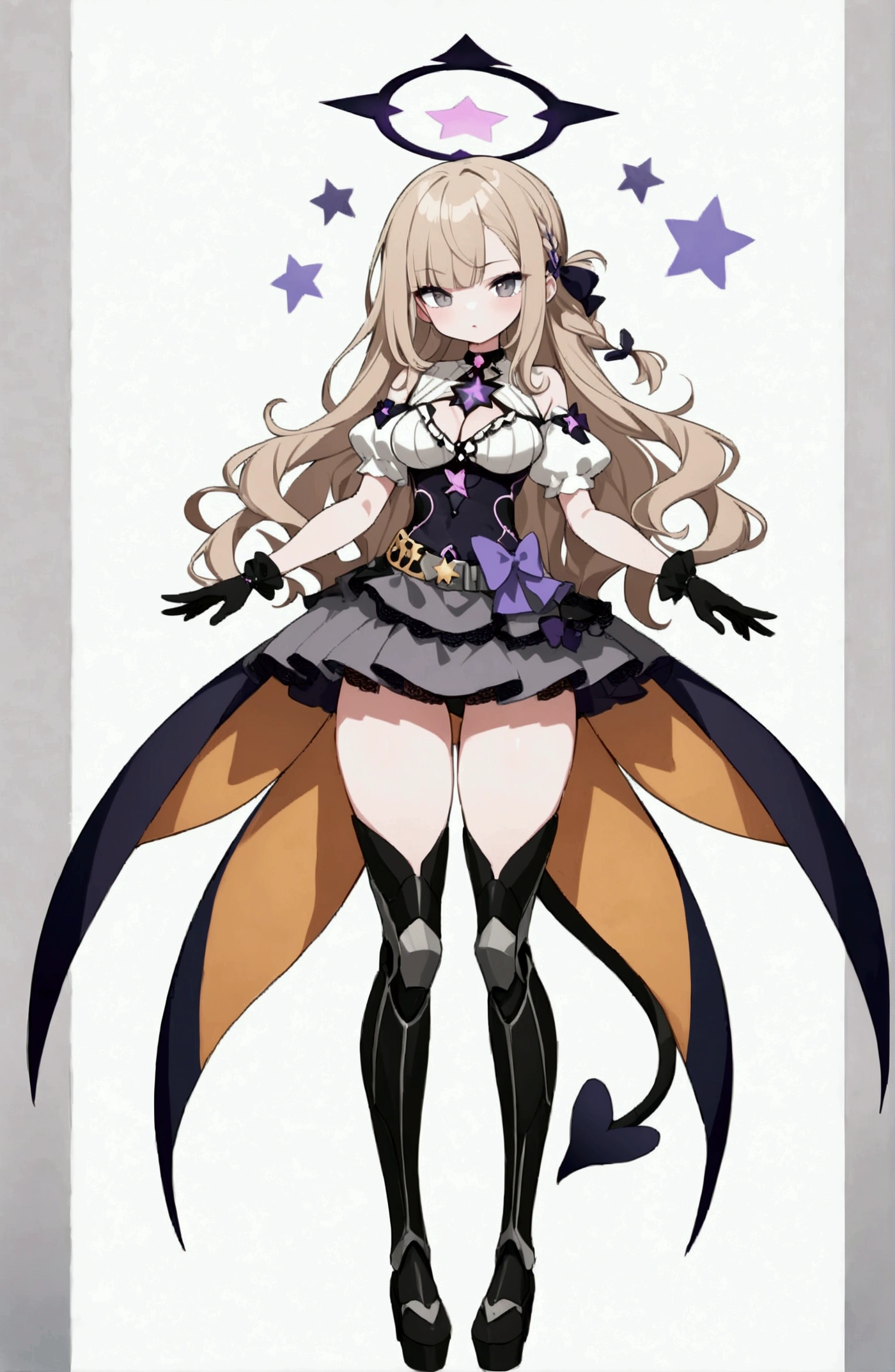 woman 170 cm tall. medium chest, wide hip, slim build, ((whole body)). (((character design sheet: front view))). (dark blonde hair, (hip-length wavy hair with asymmetrical bangs), (She has a short braid tied with an elegant purple bow on the left side of her hair above her chest). (She has a short braid tied with an elegant purple bow on the right side of her hair above her chest). She has small ribbons in the back of her hair..). ((Gray eyes with a pink 4-pointed star in the pupil.)). Two black and purple serval ears located on the top of the head. (Luminous black halo with purple star patterns above his head). He has a black collar with a heart emblem on his neck.. (Elegant one-piece long dress with lace and ruffle thigh-high skirt, ribbon decorations and star patterns on the dress). black gloves, beautiful black platform heels. gray belt at the waist with a large ribbon with a luminous pink heart in the middle. (It has a beautiful succubus tail with a small purple star on the tip.). ((It has complex mechanical legs that reach up to the thighs and are black with small purple details..)). beautiful detailed hair, beautiful detailed dress. extremely detailed arms. extremely detailed face, small face, Beautiful detailed eyes, beautiful detailed lips. adorable. extremely detailed legs. (Best Quality, 4k, high resolution), ultra detailed, Exquisite and epic character art., ((White background)). (Focus on symmetry).