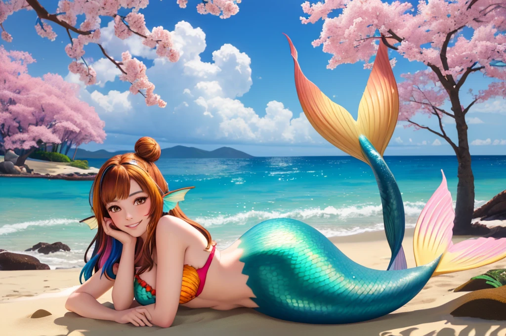 masterpiece, best quality:1.2), 1girl, smile, looking at viewer, brown hair in one bun with hair sticks, golden eyes, multicolored hair, mermaid, multicolored golden mermaid tail, laying on beach, fin ears, head fins, seashell bra, under cherry blossoms