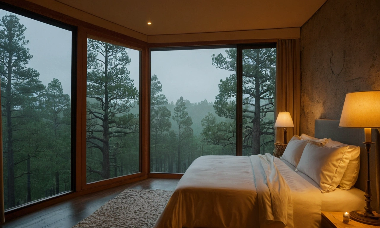 (masterpiece, Highest quality),Pine forest view bedroom,Out of the window,it's raining,fog,The candle is lit,warm,
