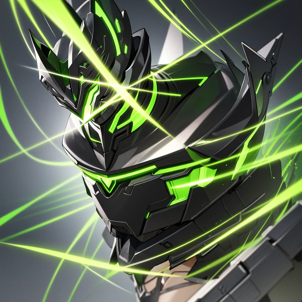 A hunter wearing black armor with bright fluorescent green details, and wears a gladiator helmet