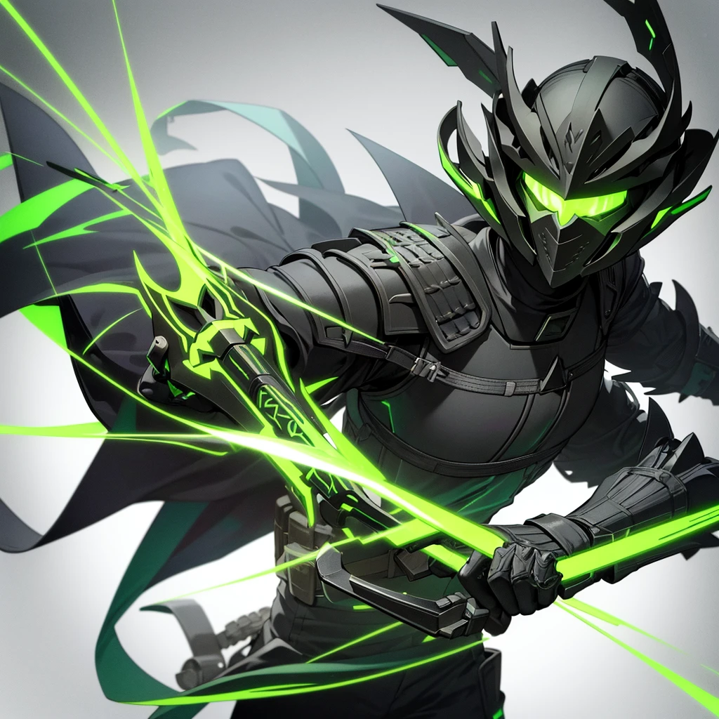A hunter wearing black armor with bright fluorescent green details, and wears a gladiator helmet