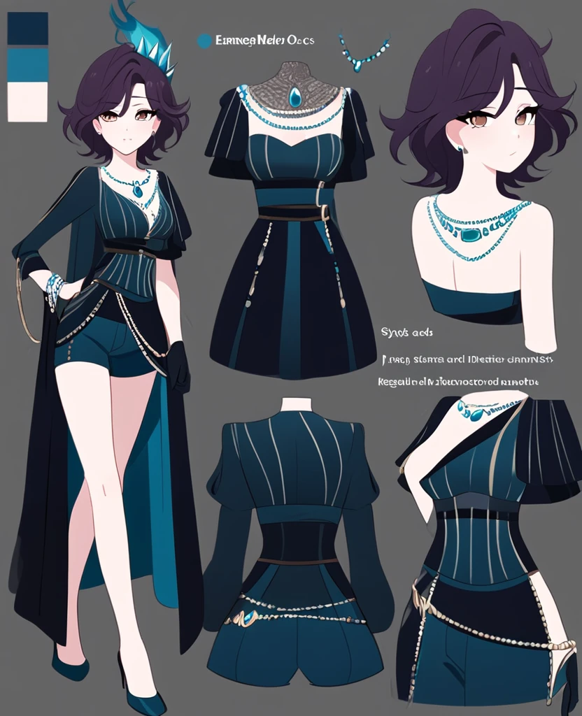 Make me an Ensemble Stars oc. Ensemble Stars art style. Give her short, messy, spikey dark teal hair, brown eyes. Dark yet formal outfit. Elegant, regal. Shorts. Female Social anxiety. Anxious. Reference sheet. Blue fire details. 34D cup chest.