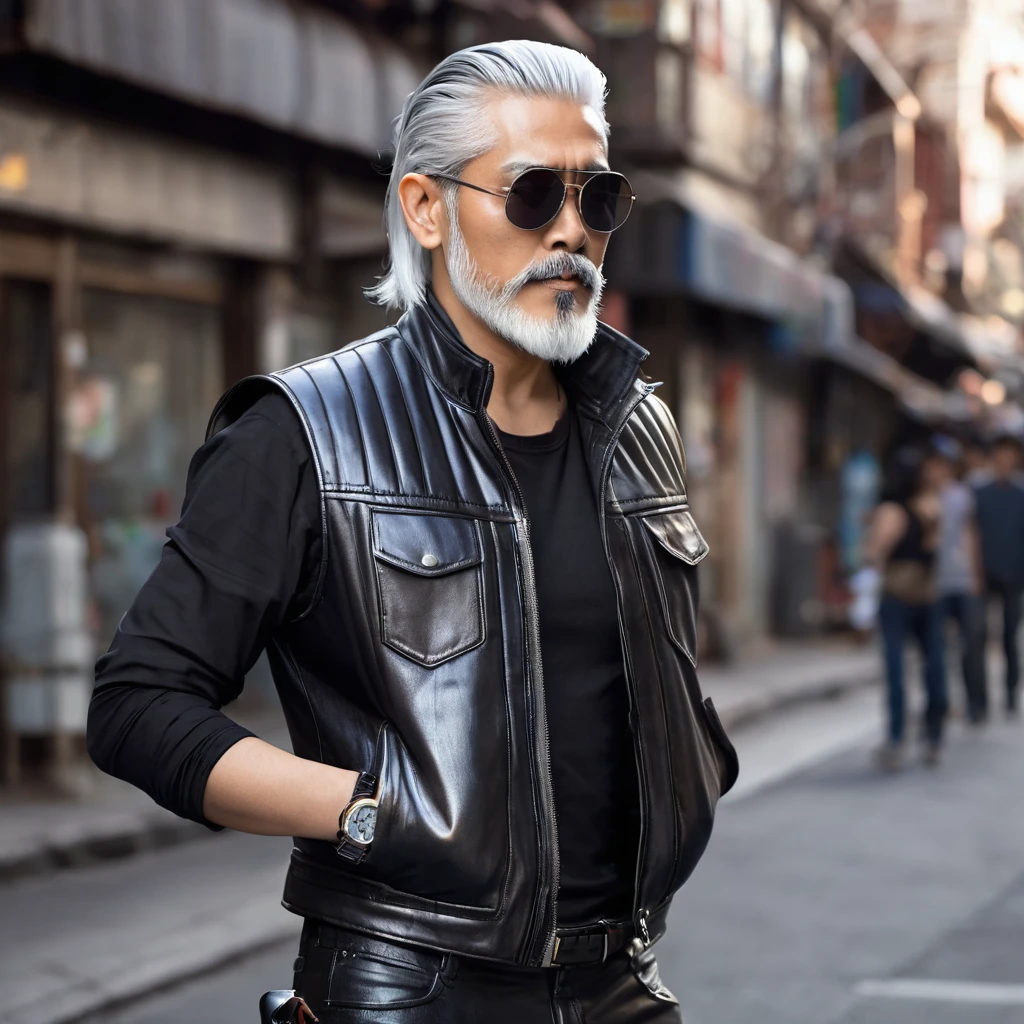 A cool guy, with slicked-back silver hair, a silver beard, round sunglasses, realistic, wearing a leather vest and leather trousers on bare skin, The man gives orders to his watch. The man stands on the palm of Tetsujin 28's hand.