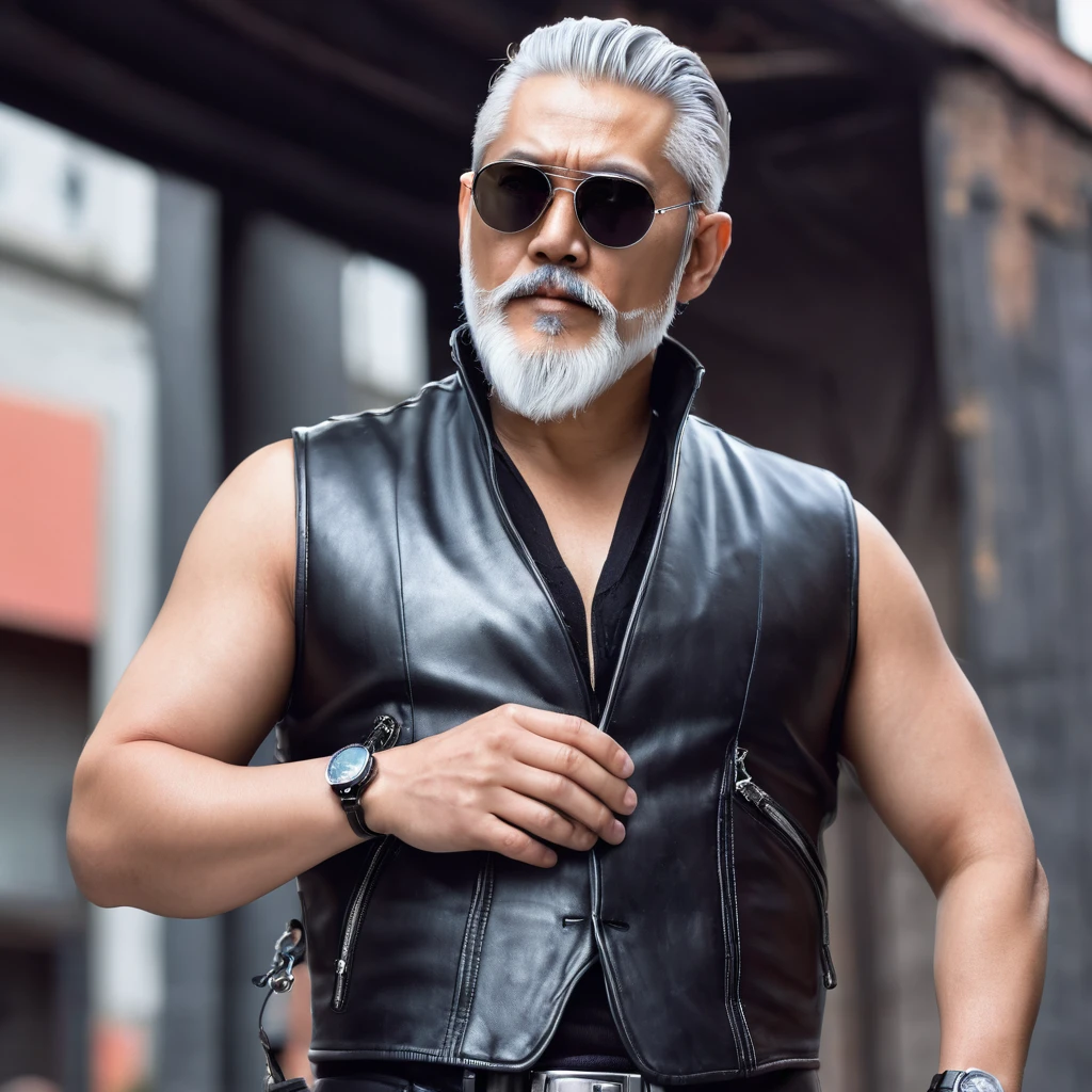 A cool guy, with slicked-back silver hair, a silver beard, round sunglasses, realistic, wearing a leather vest and leather trousers on bare skin, The man gives orders to his watch. The man stands on the palm of Tetsujin 28's hand.